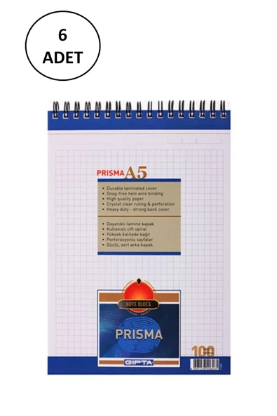 Gıpta A5 Bloknot Prisma Spiralli Karton Kapak Kareli 100 Yaprak 6 Adet ürün görseli 1