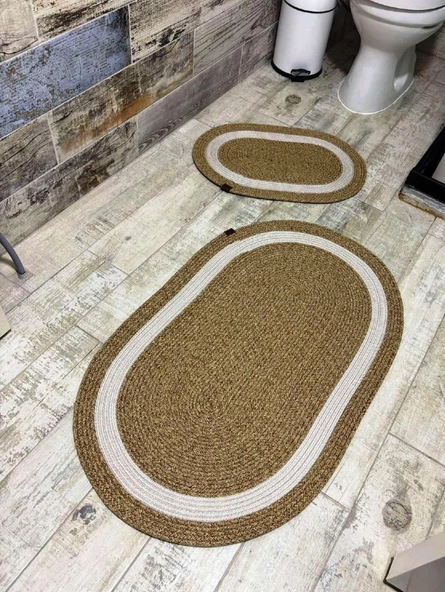 Jüt Hasır 2li Banyo Seti Paspas Takımı-Bej Ortası Kalın Beyaz ürün görseli 1