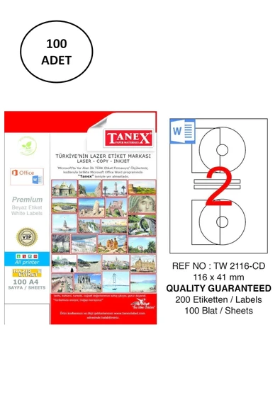 Tanex A4 Lazer Etiket TW-2116 116x41 mm 100'lü Paket ürün görseli 1