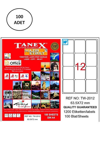 Tanex Tw-2012 Lazer Etiket 63X72 Mm 100 Adet ürün görseli 1