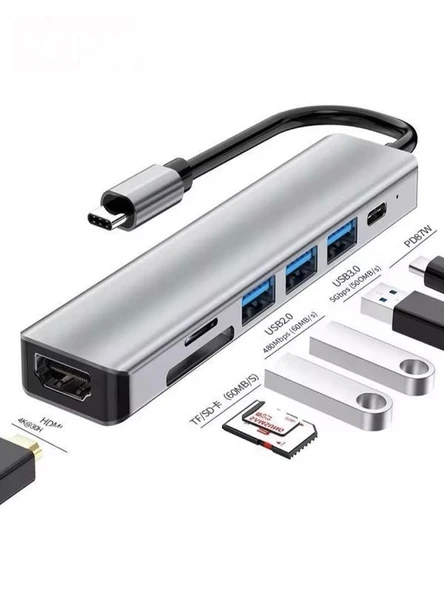 7in1 Aluminium PD100W Hızlı Şarj 4K 60Hz HDM 3xUSB 1xType-C TF/SD Usb Çoklayıcı Çevirici ürün görseli 1