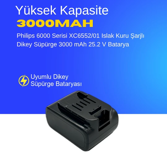 Philips 6000 Serisi XC6552/01 Islak Kuru Şarjlı Dikey Süpürge 3000 mAh 25.2 V  Batarya – Orjinal Uyumlu Uzun Ömürlü, Yüksek Performans Pil ürün görseli 1