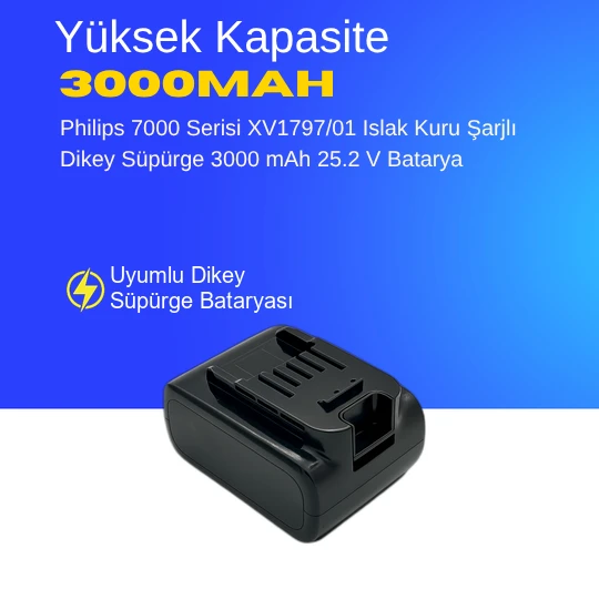 Philips 7000 Serisi XV1797/01 Islak Kuru Şarjlı  Dikey Süpürge 3000 mAh 25.2 V  Batarya – Orjinal Uyumlu Uzun Ömürlü, Yüksek Performans Pil ürün görseli 1