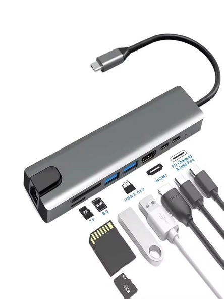 8in1 Aluminium PD100W Hızlı Şarj 4K 1xEthernet 1xHDM 2xUSB 2xType-C TF/SD Usb Çoklayıcı Çevirici ürün görseli 1