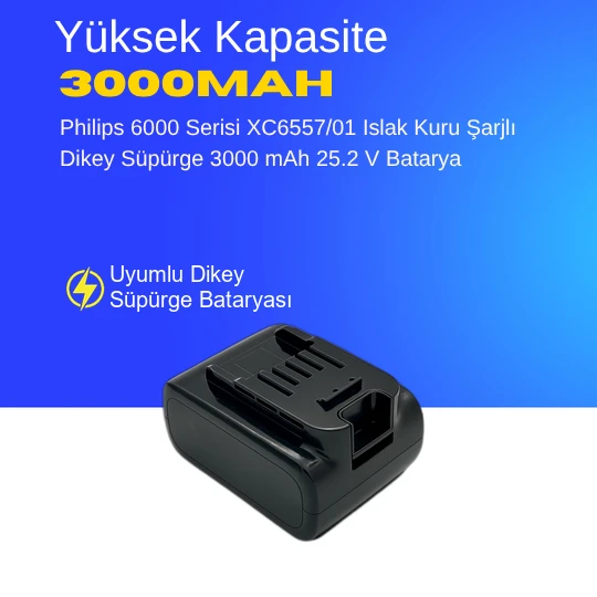 Philips 6000 Serisi XC6557/01 Islak Kuru Şarjlı Dikey Süpürge 3000 mAh 25.2 V  Batarya – Orjinal Uyumlu Uzun Ömürlü, Yüksek Performans Pil ürün görseli 1