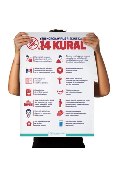 Koronavirüse Karşı 14 Kural Afişi Kendinden Yapışkanlı Folyo 35X50 ürün görseli 1
