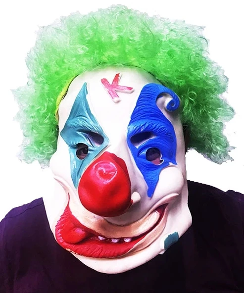 Yeşil Renk Afro Bonus Peruklu Palyaço Lateks Et Maske ürün görseli 1