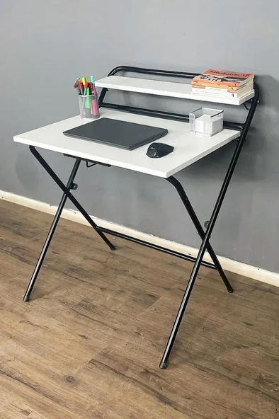 ? Lich Metal Ayaklı Katlanır Çalışma Masası Beyaz | Raflı Laptop Sehpası | Çizim ve Ders Masası ürün görseli 1