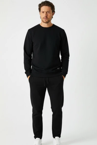 Siyah Relaxed Fit Bisiklet Yaka Sweatshirt Düz Paça Erkek Eşofman Takımı ürün görseli 1