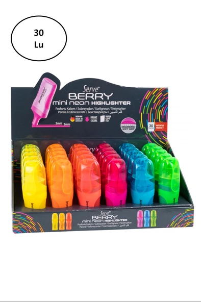 Serve Berry Mini Fosforlu Kalem Karton Stand 30'lu ürün görseli 1