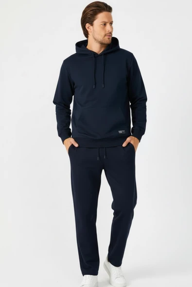 Lacivert Regular Fit Kapüşonlu Cepli Sweatshirt Düz Paça Erkek Eşofman Takımı ürün görseli 1
