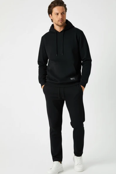 Siyah Regular Fit Kapüşonlu Cepli Sweatshirt Düz Paça Erkek Eşofman Takımı ürün görseli 1