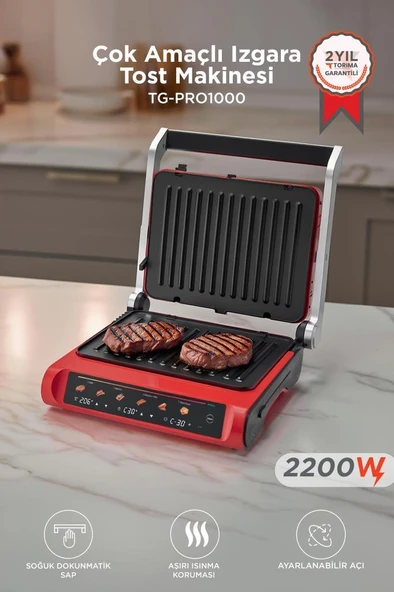 Tost Makinesi 2200W Dijital Ekranlı Çıkarılabilir Plakalı Izgara Makinesi TG PRO1000 Siyah Kırmızı ürün görseli 1