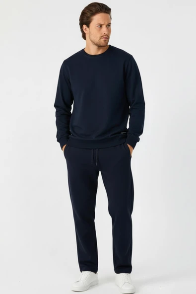 Lacivert Relaxed Fit Bisiklet Yaka Sweatshirt Düz Paça Erkek Eşofman Takımı ürün görseli 1