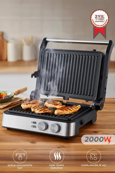 Tost Makinesi 2000W Paslanmaz Çelik Çıkarılabilir Plakalı Izgara Makinesi TG PRO300 Siyah Gümüş ürün görseli 1