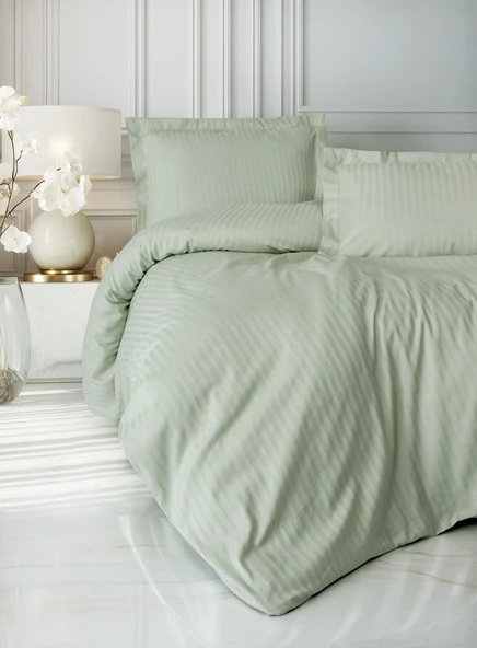 Cotton Box Stripe Elegant Adaçayı Çift Kişilik Saten Nevresim Takımı ürün görseli 1