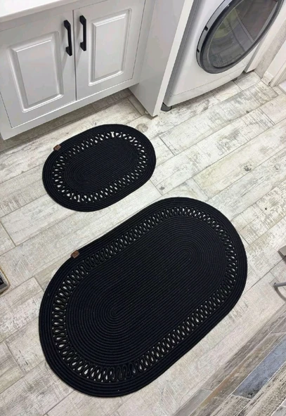 Jüt Hasır 2li Banyo Seti Paspas Takımı-Siyah Trikotlu ürün görseli 1