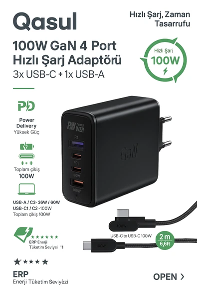 100W GaN+ 4 Port Hızlı Şarj Adaptörü 3 USB-C  1 USB-A Laptop Telefon Tablet Uyumlu ürün görseli 1
