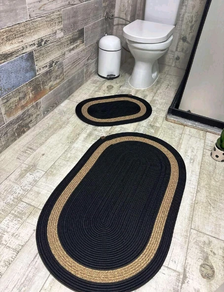 Jüt Hasır 2li Banyo Seti Paspas Takımı-Siyah Ortası Bej ürün görseli 1