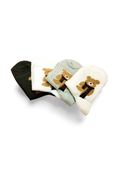 Peluş Ayıcık İşlemeli Kadın Soket Çorap 4 Çift ürün görseli 1