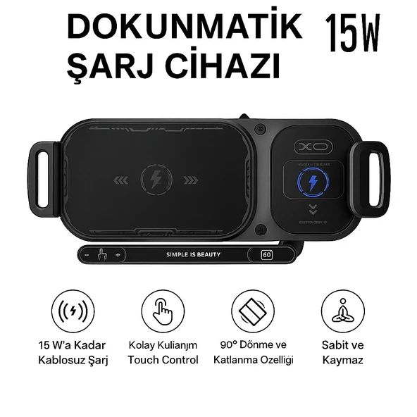 15W Araç İçi Kablosuz Şarj Cihazı ve Telefon Tutucu  90 Döner Katlanabilir Telefonlara Uyumlu ürün görseli 1