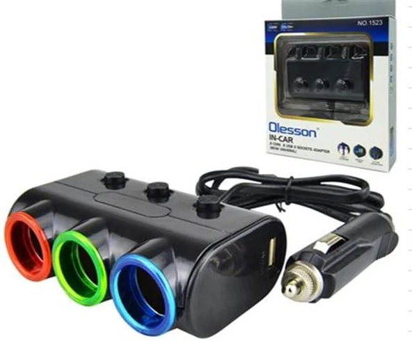 Olesson 1523 12-24V Çift USB Girişli 120W 80Cm Kablolu 3'LÜ Araç Çakmak Çoklayıcı ürün görseli 1