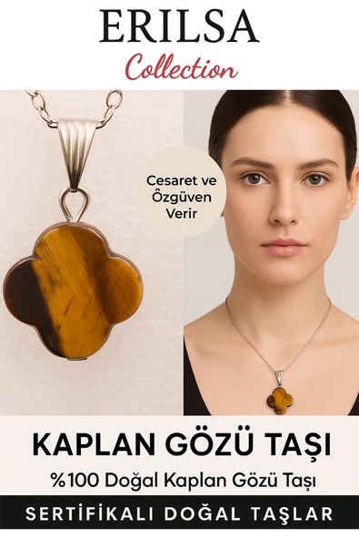 Sertifikalı Yonca Kesim Kaplan Gözü Doğal Taş Kolye – Cesaret Özgüven ve Başarı Taşı ürün görseli 1