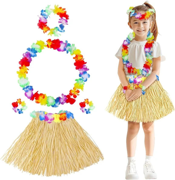 Yetişkin Çocuk Hawaii Parti Seti - 40 Cm Naturel Etek + Çiçek Aksesuarlar (5 Parça) ürün görseli 1