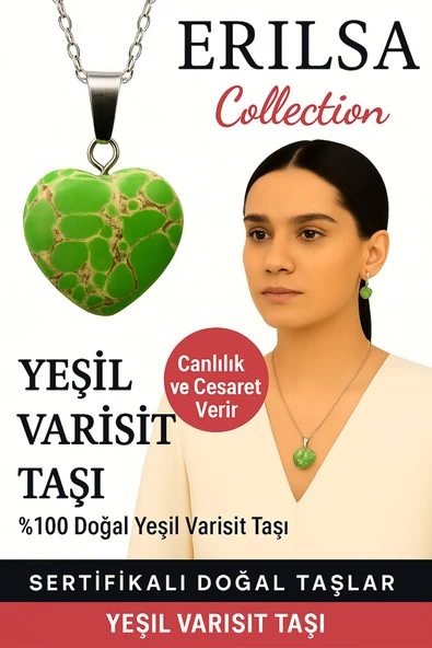 Sertifikalı Kalp Model Yeşil Varisit Doğal Taş Kolye – Canlılık Cesaret ve Ruhsal Denge Taşı ürün görseli 1