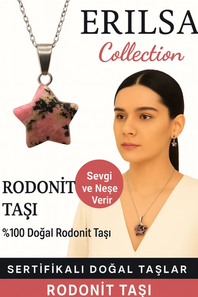 Sertifikalı Yıldız Model Rodonit Doğal Taş Kolye – Sevgi Neşe ve Duygusal Denge Taşı ürün görseli 1