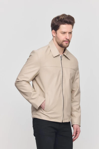 Krem Erkek Basic Suni Deri Yazlık Ceket&Mont - Resim 3