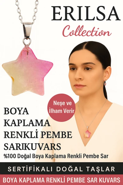 Sertifikalı Yıldız Model Pembe Sarı Kuvars Doğal Taş Kolye – Neşe ve İlham Taşı ürün görseli 1