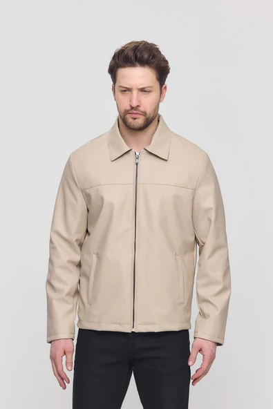 Krem Erkek Basic Suni Deri Yazlık Ceket&Mont - Resim 4