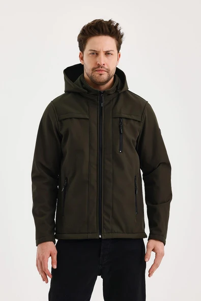 Yeşil Erkek %100 Su Geçirmez İçi Polarlı İç Çepli Çıkartılabilir Kapüşonlu Softshell Mont&Kaban ürün görseli 1