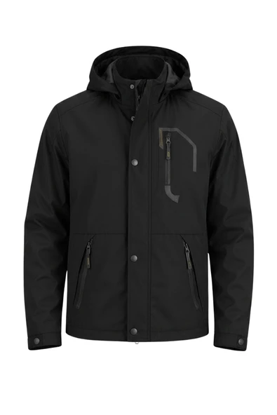 Erkek Siyah Softshell Kapüşonlu İç Cepli Su Ve Rüzgar Geçirmez Mevsimlik&Yazlık Mont ürün görseli 1