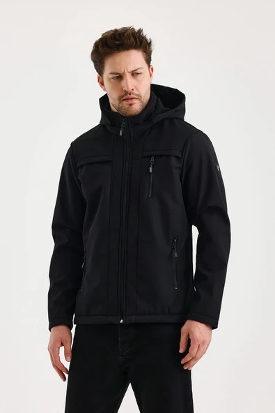 Siyah Erkek %100 Su Geçirmez İçi Polarlı İç Çepli Çıkartılabilir Kapüşonlu Softshell Mont&Kaban ürün görseli 1