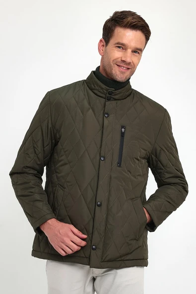 Erkek Yeşil Standart Fit Normal Kesim İçi Kürklü Dik Yaka Çıtçıtlı Dolgulu Desenli Overcoat ürün görseli 1