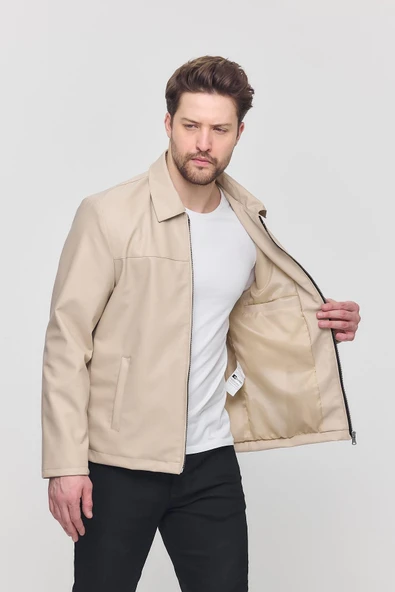Krem Erkek Basic Suni Deri Yazlık Ceket&Mont - Resim 2
