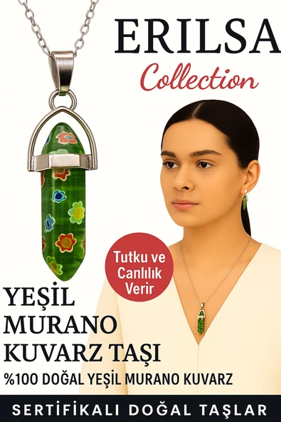 Sertifikalı Çivi Model Yeşil Murano Kuvars Doğal Taş Kolye – Tutku ve Canlılık Taşı ürün görseli 1