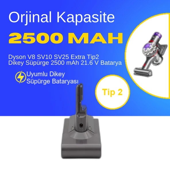 Dyson V8 SV10 SV25 Extra Tip2 Dikey Süpürge 2500 mAh 21.6 V  Batarya – Orjinal Uyumlu Uzun Ömürlü, Yüksek Performans Pil ürün görseli 1