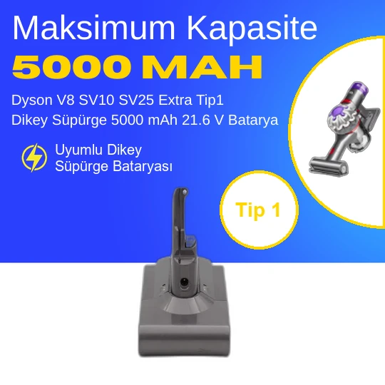 Dyson V8 SV10 SV25 Extra Tip1 Dikey Süpürge 5000 mAh 21.6 V  Batarya – Orjinal Uyumlu Uzun Ömürlü, Yüksek Performans Pil ürün görseli 1