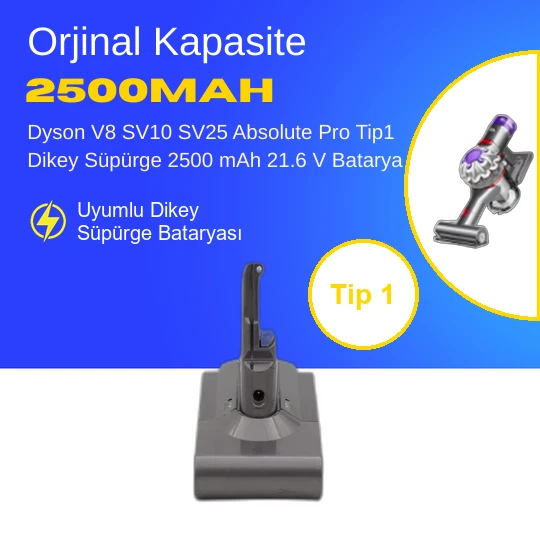 Dyson V8 SV10 SV25 Absolute Pro Tip1 Dikey Süpürge 2500 mAh 21.6 V  Batarya – Orjinal Uyumlu Uzun Ömürlü, Yüksek Performans Pil ürün görseli 1
