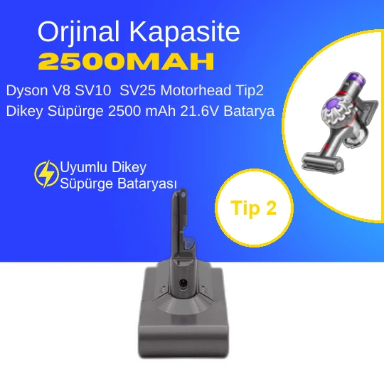 Dyson V8 SV10 SV25 Motorhead Tip2 Dikey Süpürge 2500 mAh 21.6 V  Batarya – Orjinal Uyumlu Uzun Ömürlü, Yüksek Performans Pil ürün görseli 1