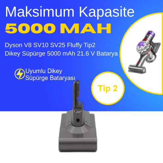 Dyson V8 SV10 SV25 Fluffy Tip2 Dikey Süpürge 5000 mAh 21.6 V  Batarya – Orjinal Uyumlu Uzun Ömürlü, Yüksek Performans Pil ürün görseli 1