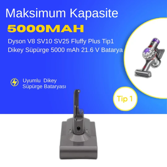 Dyson V8 SV10 SV25 Fluffy Plus Tip1 Dikey Süpürge 5000 mAh 21.6 V  Batarya – Orjinal Uyumlu Uzun Ömürlü, Yüksek Performans Pil ürün görseli 1