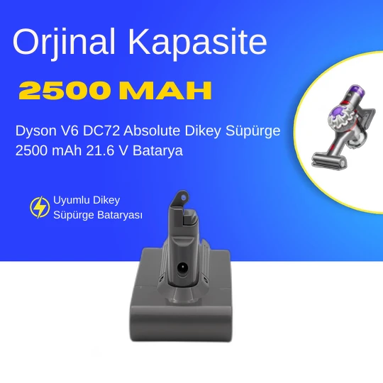 Dyson V6 DC72 Absolute Dikey Süpürge 2500 mAh 21.6 V  Batarya – Orjinal Uyumlu Uzun Ömürlü, Yüksek Performans Pil ürün görseli 1