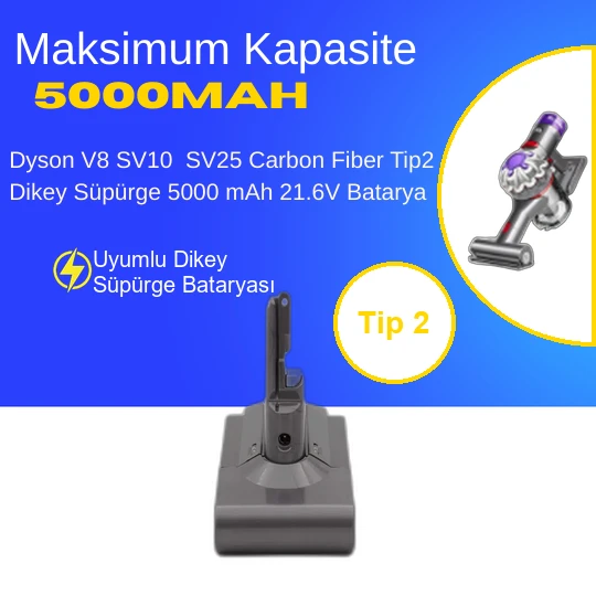Dyson V8 SV10 SV25 Carbon Fiber Tip2 Dikey Süpürge 5000 mAh 21.6 V  Batarya – Orjinal Uyumlu Uzun Ömürlü, Yüksek Performans Pil ürün görseli 1