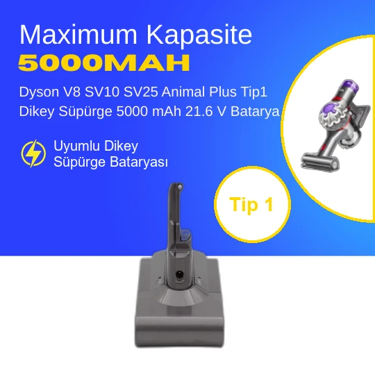 Dyson V8 SV10 SV25 Animal Plus Tip1 Dikey Süpürge 5000 mAh 21.6 V  Batarya – Orjinal Uyumlu Uzun Ömürlü, Yüksek Performans Pil ürün görseli 1
