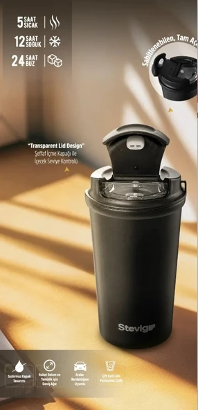 Stevig ST-250 4 Work Flip Open Coffee Mug Çelik Termos 400ML Black - Resim 3