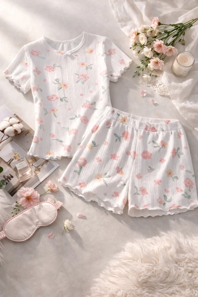 Kadın Pamuklu Çiçek Desenli Kısa Kollu Şortlu Pijama Takımı ürün görseli 1